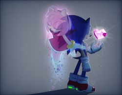Rule 34 | 1boy, 1girl, amy rose, anhminh vo, artist name, blue fur, bracelet, clenched hand, closed eyes, crystal, diadem, dress, floating, floating object, furry, furry male, gem, gloves, headband, heart, highres, hologram, jewelry, light, light rays, pink fur, shadow, shoes, simple background, sonic (series), sonic frontiers, sonic the hedgehog