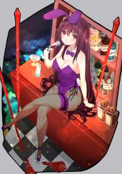 Rule 34 | 1girl, alcohol, animal ears, bad id, bad pixiv id, bar (place), blush, bottle, breasts, checkered floor, cleavage, crossed legs, cup, detached collar, drinking glass, fake animal ears, fate/grand order, fate (series), fishnet pantyhose, fishnets, gae bolg (fate), hair between eyes, highleg, highleg leotard, highres, large breasts, legs, leotard, liquor, long hair, looking at viewer, mayu-mayu1026, official alternate costume, open mouth, pantyhose, playboy bunny, polearm, purple hair, purple leotard, rabbit ears, rabbit tail, red eyes, scathach (fate), scathach (piercing bunny) (fate), sitting, spear, tail, weapon, wine, wrist cuffs