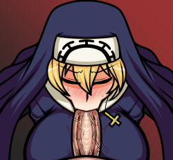 Rule 34 | 1boy, 1girl, :&gt;=, blonde hair, blush, breasts, clothed female nude male, cross, cross necklace, double (skullgirls), erection, closed eyes, fellatio, habit, highres, jewelry, large breasts, necklace, nude, nun, oral, penis, pov, raburiihamu, red background, skullgirls, sweatdrop, veins, veiny penis