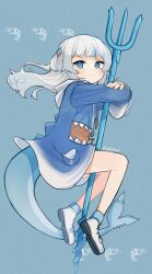 Rule 34 | 1girl, :3, animal costume, animal hood, blue background, blue eyes, blue hoodie, blunt bangs, blush stickers, commentary, drawstring, fins, fish tail, from side, gawr gura, gawr gura (1st costume), grey hair, hair ornament, hololive, hololive english, hood, hoodie, long sleeves, looking at viewer, multicolored hair, ozu (user sjjz4357), polearm, shark costume, shark girl, shark hair ornament, shark hood, shark tail, sidelocks, solo, streaked hair, symbol-only commentary, tail, trident, twitter username, two-tone hair, v-shaped eyebrows, virtual youtuber, weapon, white footwear, wide sleeves