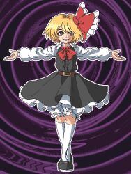 Rule 34 | aksawshin, ascot, belt, black dress, blonde hair, collared shirt, dress, hair ribbon, long sleeves, mary janes, medium hair, outstretched arms, pixel art, red ascot, red eyes, red ribbon, ribbon, rumia, shirt, shoes, socks, spread arms, touhou, white shirt