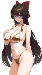 Rule 34 | 1girl, absurdres, arm behind back, bikini, black hair, blue eyes, blush, bow, braid, breasts, cleavage, closed mouth, cowboy shot, gold bikini, hair bow, hair ornament, heart, heart hair ornament, highres, large breasts, long hair, looking at viewer, navel, raised eyebrows, red bow, shaded face, shirayuki hina, sibo, simple background, single braid, skindentation, solo, stellive, stomach, strap gap, swimsuit, very long hair, virtual youtuber, white background