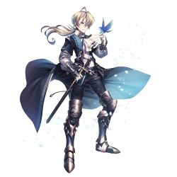 Rule 34 | 1boy, armor, armored boots, artist request, bird, bird on hand, black pants, black ribbon, blonde hair, blue bird, boots, cape, floating hair, gloves, green ribbon, grimms notes, hair ribbon, holding, holding sword, holding weapon, long hair, male focus, neck ribbon, official art, pants, ponytail, ribbon, romeo (grimms notes), sheath, sheathed, simple background, solo, sword, tuxedo, weapon, white background, white gloves