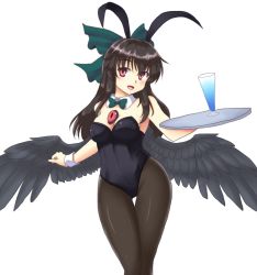 Rule 34 | 1girl, alternate costume, animal ears, black hair, black pantyhose, blush, bow, bowtie, breasts, cleavage, cup, detached collar, hair bow, isaki (gomi), leotard, long hair, looking at viewer, open mouth, pantyhose, playboy bunny, rabbit ears, red eyes, reiuji utsuho, simple background, smile, solo, thigh gap, touhou, tray, white background, wings, wrist cuffs