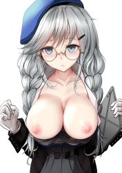 Rule 34 | 1girl, beret, black jacket, blue bra, blue eyes, blue hat, blush, bow, bow bra, bra, bra pull, braid, breasts, breasts out, closed mouth, clothes pull, collarbone, collared shirt, commentary request, girls&#039; frontline, glasses, gloves, grey skirt, hair between eyes, hair ornament, hairclip, hat, highres, holding, jacket, large breasts, long hair, long sleeves, looking at viewer, low twintails, nipples, open clothes, open shirt, pleated skirt, round eyewear, shirt, sier (girls&#039; frontline), silver hair, simple background, skirt, solo, take (trude1945oneetyan), twin braids, twintails, underwear, white background, white gloves, white shirt