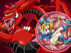 Rule 34 | 1girl, acid, bulge, cross-section, dark magician girl, defeat, digesting girl, digestion, dragon, helpless, imminent death, inside creature, internal view, krlitosss, magical girl, osiris the sky dragon, saliva, scared, stomach, stomach bulge, vore, worried, yu-gi-oh!, yu-gi-oh! duel monsters