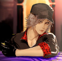 Rule 34 | 1boy, black gloves, coin, collar, collarbone, final fantasy, final fantasy vii, final fantasy vii remake, gloves, grey hair, hat, jacket, leslie kyle, looking at viewer, male focus, pectorals, shiny skin, solo, square enix, yellow eyes