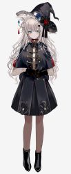 Rule 34 | 1girl, aiguillette, animal ears, black gloves, blue capelet, blue dress, blue eyes, boots, capelet, cat ears, cat girl, chiemo (xcem), dress, full body, gloves, hat, highres, long hair, original, smile, wavy hair, white hair, witch hat