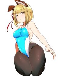 Rule 34 | 1girl, animal ears, bare arms, bare shoulders, bebebe (pepegakii), black pantyhose, blonde hair, bob cut, breasts, brown hair, commentary request, dog ears, dog girl, erune, expressionless, granblue fantasy, hair ribbon, highres, kneeling, looking at viewer, medium breasts, navel, pantyhose, pantyhose under swimsuit, ribbon, sideboob, simple background, solo, swimsuit, thick thighs, thighs, vajra (granblue fantasy), white background