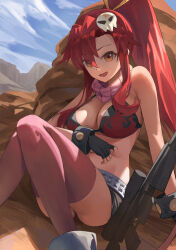 Rule 34 | 1girl, :d, absurdres, akipopopopoon, belt, bikini, bikini top only, black gloves, blue sky, breasts, cleavage, cloud, day, fingerless gloves, gloves, gun, hair ornament, high ponytail, highres, large breasts, long hair, looking at viewer, navel, open mouth, outdoors, pink thighhighs, ponytail, red hair, rifle, short shorts, shorts, sitting, skull hair ornament, sky, smile, sniper rifle, solo, stomach, swimsuit, tengen toppa gurren lagann, thighhighs, very long hair, weapon, yellow eyes, yoko littner