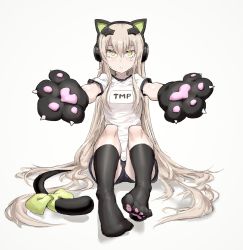 Rule 34 | 1girl, alma01, animal ear headphones, animal ears, animal hands, black shorts, black socks, blush, breasts, cat ear headphones, cat ears, cat girl, cat tail, character name, closed mouth, clothes writing, commentary request, crying, crying with eyes open, fake animal ears, girls&#039; frontline, gloves, green eyes, grey background, hair between eyes, headphones, highres, kneehighs, light brown hair, light frown, long hair, no shoes, outstretched arm, paw gloves, shirt, short shorts, short sleeves, shorts, small breasts, socks, soles, solo, tail, tears, tmp (girls&#039; frontline), very long hair, white background, white shirt