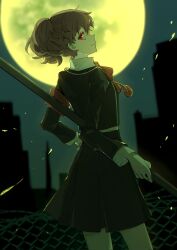 Rule 34 | 1girl, black jacket, black skirt, blurry, blurry background, bow, bowtie, brown hair, building, chain-link fence, closed mouth, eca leaf, fence, full moon, gekkoukan high school uniform, highres, holding, holding polearm, holding weapon, jacket, long sleeves, looking at viewer, moon, night, night sky, outdoors, persona, persona 3, persona 3 portable, polearm, ponytail, profile, red bow, red bowtie, red eyes, school uniform, shiomi kotone, skirt, sky, solo, weapon