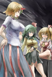 Rule 34 | 3girls, ^ ^, alternate hair length, alternate hairstyle, ascot, blonde hair, blush, breasts, closed eyes, closed eyes, fang, flandre scarlet, green eyes, green hair, grin, hands on another&#039;s shoulders, horns, hoshiguma yuugi, impossible clothes, impossible shirt, komeiji koishi, large breasts, long hair, medium breasts, multiple girls, no headwear, no headwear, aged up, oni, open mouth, pregnant, see-through, shirt, short hair, side ponytail, single horn, skirt, smile, touhou, wings, yohane