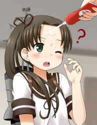 Rule 34 | 10s, 1girl, ;o, ?, antennae, asymmetrical hair, ayanami (kancolle), backpack, bag, blush, brown hair, condensed milk, forehead, haruna mao, holding, kantai collection, long hair, machinery, neckerchief, one eye closed, open mouth, ponytail, pov, sailor collar, school uniform, serafuku, sexually suggestive, side ponytail, solo focus, upper body, wince, wink