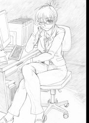Rule 34 | 1girl, akizuki ritsuko, antenna hair, binder, business suit, chair, crossed legs, dagashi (place), desk, dual ahoge, elbow rest, folded ponytail, formal, graphite (medium), greyscale, hatching (texture), idolmaster, idolmaster (classic), imac, keyboard (computer), linear hatching, looking at viewer, monitor, monochrome, office chair, one eye closed, pant suit, pants, sidelocks, sitting, solo, suit, swivel chair, traditional media
