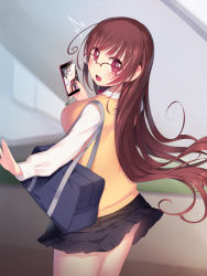 Rule 34 | 1girl, ahoge, arima senne, bag, blush, breasts, brown hair, caught, cellphone, drooling, female focus, glasses, highres, kashiwamochi yomogi, large breasts, long hair, looking at viewer, looking back, open mouth, original, phone, pornography, red eyes, saliva, school bag, school uniform, skirt, smartphone, smile, solo, ^^^, sweater vest