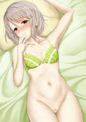 Rule 34 | 1girl, arm up, armpits, blush, bottomless, bow, bow bra, bra, breasts, censored, cleft of venus, closed mouth, collarbone, crescent, crescent hair ornament, green bra, grey hair, hair ornament, hairclip, heart, heart censor, highres, lips, looking at viewer, love live!, love live! nijigasaki high school idol club, love live! school idol festival, lying, miel (lessontome), nakasu kasumi, navel, on back, pussy, red eyes, short hair, small breasts, solo, underwear