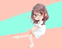 Rule 34 | 1girl, aida rikako, barefoot, blue background, blush, brown hair, commentary request, dated, glasses, happy birthday, heart, highres, invisible chair, kashikaze, looking at viewer, medium hair, open mouth, outline, pink background, real life, shirt, short sleeves, sitting, smile, solo, teeth, translated, two-tone background, upper teeth only, voice actor, white outline, white shirt