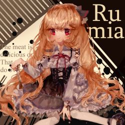 Rule 34 | 1girl, abstract background, alternate costume, alternate hairstyle, black bow, black footwear, black ribbon, blonde hair, bone, bow, character name, collar, commentary request, corset, cross-laced clothes, cross-laced sleeves, dress, english text, engrish text, foot out of frame, frilled collar, frilled dress, frilled sleeves, frills, full body, hair between eyes, hair bow, layered dress, lolita fashion, long hair, looking at viewer, mary janes, nail polish, pantyhose, ranguage, red eyes, red neckwear, red ribbon, ribbon, rumia, shinjitsu no kuchi, shoes, solo, touhou, very long hair, white dress, white pantyhose