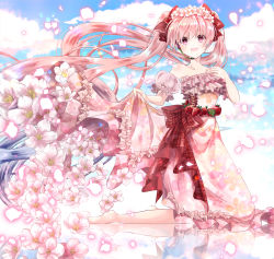 Rule 34 | 1girl, :d, cherry blossoms, cloud, dress, from side, hatsune miku, head wreath, highres, iroha (shiki), kneeling, long hair, open mouth, outdoors, petals, pink eyes, pink hair, sakura miku, sky, smile, solo, twintails, very long hair, vocaloid