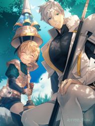 Rule 34 | 1boy, 1girl, artist request, bird, blonde hair, blue eyes, blue sky, blush stickers, brown gloves, cloud, closed eyes, fate/grand order, fate (series), gareth (fate), gloves, hair flaps, highres, lance, over shoulder, pants, pectorals, percival (fate), polearm, shorts, sitting, sky, smile, spear, tree, twitter username, weapon, weapon over shoulder, white hair, white pants