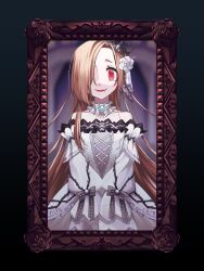 Rule 34 | 1girl, blonde hair, choker, crown, dress, fangs, flower, frilled choker, frills, hair flower, hair ornament, hair over one eye, highres, idolmaster, idolmaster cinderella girls, jewelry, long hair, looking at viewer, necklace, parted lips, pearl necklace, red eyes, rose, shirasaka koume, sleeves past fingers, sleeves past wrists, smile, solo, tilted headwear, very long hair, white dress, white flower, white rose, yowai (yorigamimutuki24)
