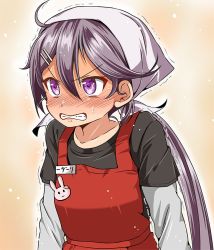Rule 34 | ahoge, akebono (kancolle), alternate hairstyle, apron, blush, casual, clenched teeth, commentary request, hair between eyes, hair ornament, hairclip, kantai collection, kerchief, long hair, long sleeves, nose blush, orange background, ponytail, rabbit, rabbit pin, shino (ponjiyuusu), shirt, solo, sweatdrop, t-shirt, teeth, trembling, upper body