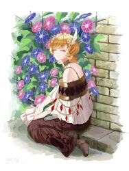 Rule 34 | 1girl, bare shoulders, blonde hair, choker, citrinne (fire emblem), closed eyes, closed mouth, detached sleeves, dress, feather hair ornament, feathers, fire emblem, fire emblem engage, flower, gold choker, gold trim, hair ornament, highres, jewelry, jin (funaki gen), long dress, necklace, nintendo, on ground, short hair, sitting, smile, solo