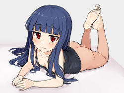 Rule 34 | 1girl, ass, bad id, bad pixiv id, bare legs, barefoot, blue hair, blunt bangs, bottomless, breasts, camisole, cleavage, closed mouth, commentary request, downblouse, dutch angle, feet, feet together, full body, highres, idolmaster, idolmaster cinderella girls, long hair, looking at viewer, lying, omaru gyuunyuu, on stomach, own hands together, red eyes, sajo yukimi, sidelocks, small breasts, smile, soles, solo, the pose, toes, tsurime