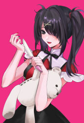 Rule 34 | 1girl, absurdres, ame-chan (needy girl overdose), black eyes, black hair, black nails, black ribbon, black skirt, collar, collared shirt, hair ornament, hair over one eye, hair tie, hairclip, highres, holding, holding knife, jirai kei, knife, long hair, multicolored nails, neck ribbon, needy girl overdose, open mouth, pink background, red nails, red shirt, ribbon, shirt, shirt tucked in, simple background, skirt, solo, standing, stuffed animal, stuffed toy, suspender skirt, suspenders, teddy bear, twintails, white collar, x hair ornament, zhanghaozenmemeile