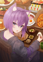 Rule 34 | 1girl, absurdres, ahoge, animal ear fluff, animal ears, cat ears, food, food on face, fried egg, from behind, hair between eyes, highres, holding, holding food, hololive, long sleeves, looking at viewer, looking back, nanome to, nekomata okayu, nekomata okayu (1st costume), on chair, onigiri, open mouth, pizza, plate, purple hair, sandwich, short hair, sitting, solo, tray, virtual youtuber