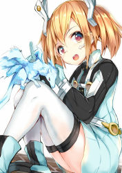 Rule 34 | 10s, 1girl, alternate costume, blue gloves, blush, boots, brown hair, dragon, dress, gloves, headgear, long sleeves, mini dragon, open mouth, pina (sao), red eyes, short dress, short hair, short twintails, silica, sitting, solo focus, sword art online, thighhighs, twintails, umagenzin, white thighhighs, zettai ryouiki