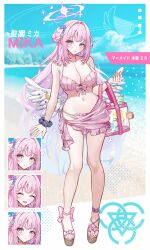 Rule 34 | 1girl, absurdres, apron, bag, bare arms, bare legs, bare shoulders, blue archive, blush, flower, frilled apron, frills, hair bun, hair flower, hair ornament, highres, looking at viewer, mell (dmwe3537), mika (blue archive), multiple views, open mouth, pink hair, pink sarong, purple flower, purple scrunchie, sandals, sarong, scrunchie, single side bun, white apron, wings