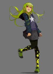 Rule 34 | 1girl, absurdres, attall, breasts, full body, green hair, highres, hood, hoodie, long hair, nanbo ataru (attall), open clothes, open hoodie, original, pantyhose, patterned legwear, print legwear, print pantyhose, red eyes, shirt, shoes, simple background, skirt, small breasts, sneakers, socks, solo, star (symbol), star print, stitches, t-shirt