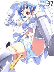 Rule 34 | 00s, 1girl, angel, angel of light nanael, angel wings, artbook, ass, asymmetrical wings, bare shoulders, blue hair, blush, boots, elbow gloves, gloves, green eyes, highres, kuuchuu yousai, midriff, miniskirt, nanael (queen&#039;s blade), nanael (queen's blade), navel, open mouth, panties, pantyshot, polka dot, polka dot panties, queen&#039;s blade, scan, short hair, skirt, solo, thighhighs, underwear, wings