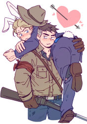 Rule 34 | 2boys, absurdres, animal ears, arrow (projectile), ass, bandana around arm, bara, belt, black eyes, black hair, blonde hair, blush, brown footwear, brown gloves, carrying, coat, couple, cowboy hat, cowboy shot, david king (dead by daylight), dead by daylight, denim, embarrassed, eye contact, eyebrow cut, facial hair, felix richter, fireman&#039;s carry, gloves, grey shirt, gun, hands on ass, hat, heart, heart arrow, highres, holding, holding gun, holding weapon, jacket, jeans, looking at another, male focus, multiple boys, pants, purple jacket, purple pants, rabbit ears, rabbit tail, shirt, shoes, short hair, stubble, sweatdrop, tail, undercut, upper body, wasted m9, weapon, white background, yaoi