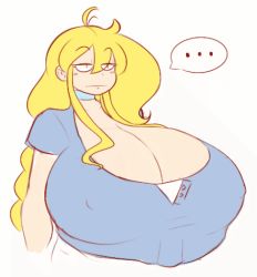 Rule 34 | ..., 1girl, ahoge, animated, animated gif, blonde hair, blue shirt, bouncing breasts, braid, breasts, cassie (theycallhimcake), choker, cleavage, female focus, gigantic breasts, jitome, long hair, original, shirt, sidelocks, simple background, solo, speech bubble, theycallhimcake, unamused, white background