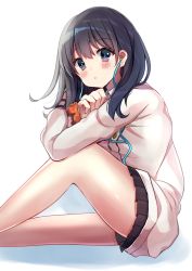 Rule 34 | 10s, 1girl, bad id, bad pixiv id, black eyes, black hair, black skirt, blush, cardigan, closed mouth, commentary request, earbuds, earphones, feet out of frame, gridman universe, hair between eyes, head tilt, highres, long hair, long sleeves, looking at viewer, looking to the side, minami saki, miniskirt, orange scrunchie, pleated skirt, scrunchie, shadow, simple background, sitting, skirt, solo, ssss.gridman, takarada rikka, thighs, white background, white cardigan, wrist scrunchie