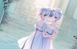 Rule 34 | 2girls, bare arms, bare shoulders, blue eyes, blush, closed mouth, collarbone, dress, dutch angle, hair between eyes, hand on another&#039;s arm, looking at viewer, looking back, multiple girls, nekokan masshigura, original, pointy ears, rain, short hair, short sleeves, silver hair, strapless, strapless dress, water, white dress