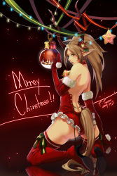 Rule 34 | absurdres, antlers, arm support, ass, bare shoulders, bauble, bell, blonde hair, boots, choker, christmas, christmas ornaments, elbow gloves, elf, eyelashes, frills, fur trim, gloves, green eyes, high heel boots, high heels, highres, horns, kneeling, kyouki no kimi, lips, looking back, merry christmas, original, parted lips, pointy ears, ponytail, red footwear, red thighhighs, reflection, shoulder blades, solo, tail, thigh boots, thighhighs