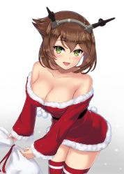 Rule 34 | 10s, 1girl, bare shoulders, belt, black belt, breasts, brown hair, cleavage, collarbone, cowboy shot, dress, green eyes, headgear, kantai collection, large breasts, long sleeves, looking at viewer, monoku, mutsu (kancolle), open mouth, red dress, red legwear, sack, short hair, simple background, snow, solo, striped clothes, striped legwear, striped thighhighs, thighhighs, upper body, white background