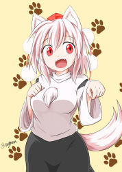 Rule 34 | 1girl, animal ears, animal hands, breasts, cat paws, detached sleeves, fang, hat, inubashiri momiji, looking away, open mouth, pom pom (clothes), red eyes, short hair, signature, silver hair, simple background, skirt, solo, tail, taurine 8000mg, tokin hat, touhou, wolf ears, wolf tail