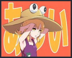 Rule 34 | 1girl, adapted costume, animal print, armpits, blonde hair, border, breasts, bright pupils, brown hat, commentary, expressionless, fingernails, frog print, grey border, hair ornament, hair scrunchie, hands in hair, hat, highres, horizontal pupils, looking afar, medium bangs, moriya suwako, open mouth, orange background, purple tank top, scrunchie, shirt, short hair, sideboob, small breasts, solo, sweat, symbol-only commentary, tank top, touhou, tying hair, upper body, white pupils, white shirt, yan pai, yellow eyes