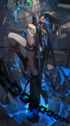 Rule 34 | 1girl, absurdres, arm cannon, bikini, black bikini, black hair, black rock shooter, black rock shooter (character), black shorts, blue eyes, boots, breasts, ciloranko, flaming eye, full body, glowing, glowing eye, highres, knee boots, leg up, long hair, midriff, pale skin, scar, shorts, small breasts, swimsuit, sword, twintails, uneven twintails, weapon