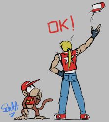 Rule 34 | 2boys, animal, artist request, baseball cap, blonde hair, crossover, denim, diddy kong, donkey kong (series), donkey kong country, fatal fury, fingerless gloves, gloves, hat, jacket, jeans, long hair, male focus, monkey, multiple boys, muscular, nintendo, pants, ponytail, snk, super smash bros., terry bogard, the king of fighters