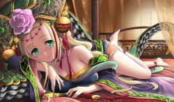 Rule 34 | 1girl, anklet, bare shoulders, barefoot, blonde hair, blush, breasts, cleavage, detached sleeves, flower, green eyes, highres, hotpepperman, jewelry, large breasts, long hair, lying, meimei (p&amp;d), necklace, puzzle &amp; dragons, rose, smile, solo