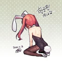Rule 34 | 1boy, amel, americano beans, americano exodus, animal ears, back, bare shoulders, body blush, dated, detached collar, fake animal ears, fake tail, fishnet pantyhose, fishnets, from side, full body, gradient background, grey background, high heels, korean text, leaning forward, leotard, long hair, looking down, male focus, male playboy bunny, motion lines, official art, pantyhose, park ji-eun, playboy bunny, polka dot, polka dot background, rabbit ears, rabbit tail, red hair, shoes, signature, sitting, solo, sweat, tail, trap, trembling, twintails, wariza, wrist cuffs, zipper