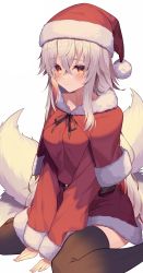 Rule 34 | 1girl, absurdres, black thighhighs, capelet, christmas, closed mouth, commentary request, crossed bangs, fox girl, fox tail, hair between eyes, hat, highres, jun (aousa0328), long hair, looking at viewer, multiple tails, original, red eyes, red hat, santa costume, santa hat, simple background, sitting, smile, solo, tail, thighhighs, virtual youtuber, white background, white hair
