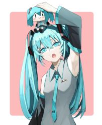 Rule 34 | 1girl, :&gt;, aqua eyes, aqua hair, aqua necktie, arm up, armpits, artist name, bare shoulders, black skirt, black sleeves, blush stickers, border, character doll, commentary, detached sleeves, doll on head, grey shirt, hair ornament, hatsune miku, highres, long hair, looking at viewer, miniskirt, necktie, object on head, open mouth, pink background, shirt, skirt, sleeveless, sleeveless shirt, smile, solo, twintails, upper body, vocaloid, white border, yangie37