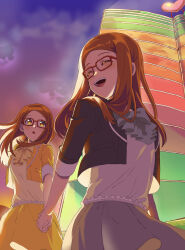 Rule 34 | 2girls, :d, :o, absurdres, akai meganee, backlighting, blue bow, bow, brown eyes, brown hair, building, clone, cowboy shot, cropped jacket, glasses, grey skirt, heart, highres, holding hands, jacket, long hair, long sleeves, looking at another, multiple girls, open mouth, outdoors, pleated skirt, pretty series, pripara, red-framed eyewear, shirt, skirt, sky, skyscraper, smile, standing, tsujii luki, walking, white shirt, yellow jacket, yellow skirt